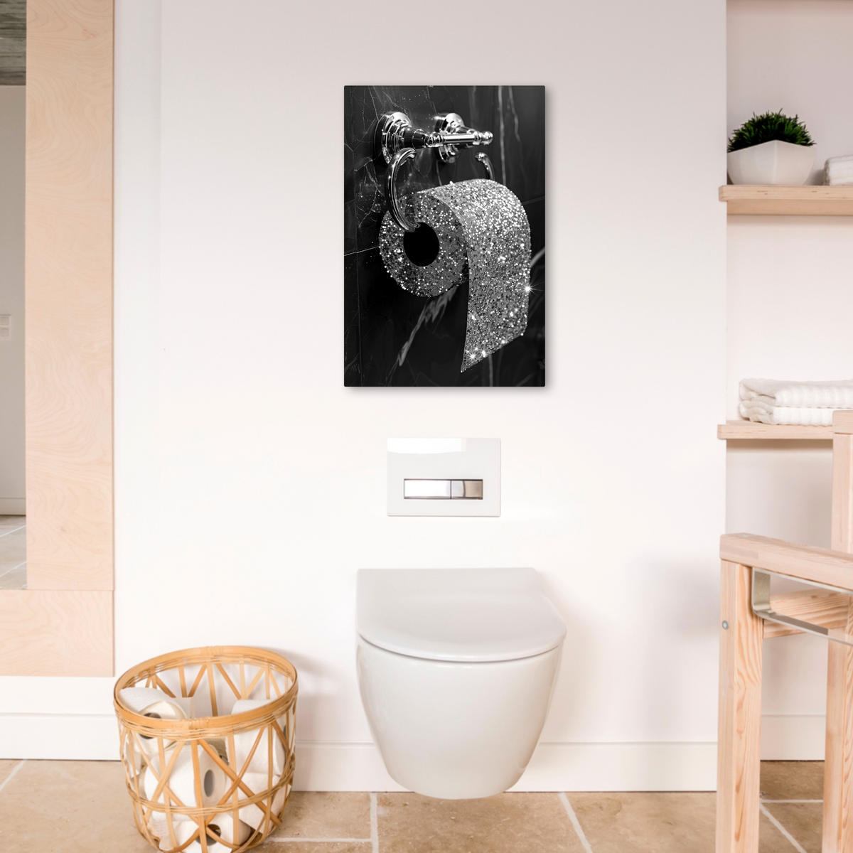 LEINWANDBILD WC - Toilettenpapier - Schwarz und weiß - Glitter 40x60 cm - Silberfarben, Textil (40/60cm) - MuchoWow