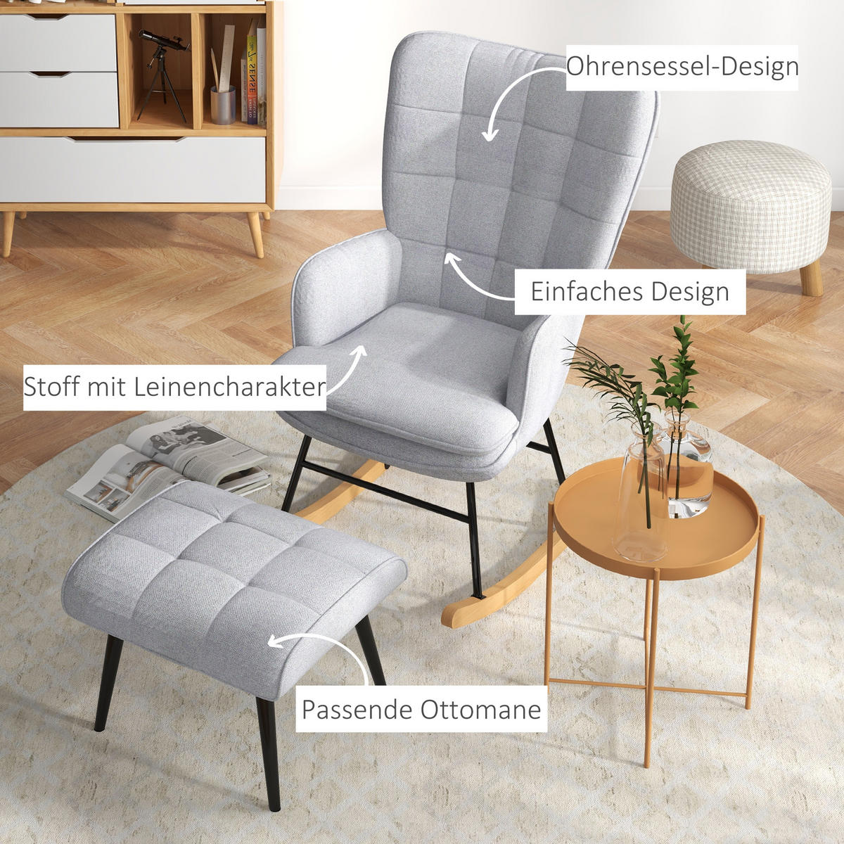 SCHAUKELSTUHL Hellgrau mit Hocker, Leinenoptik - Hellgrau, Textil (89/90/64cm) - Oxeza