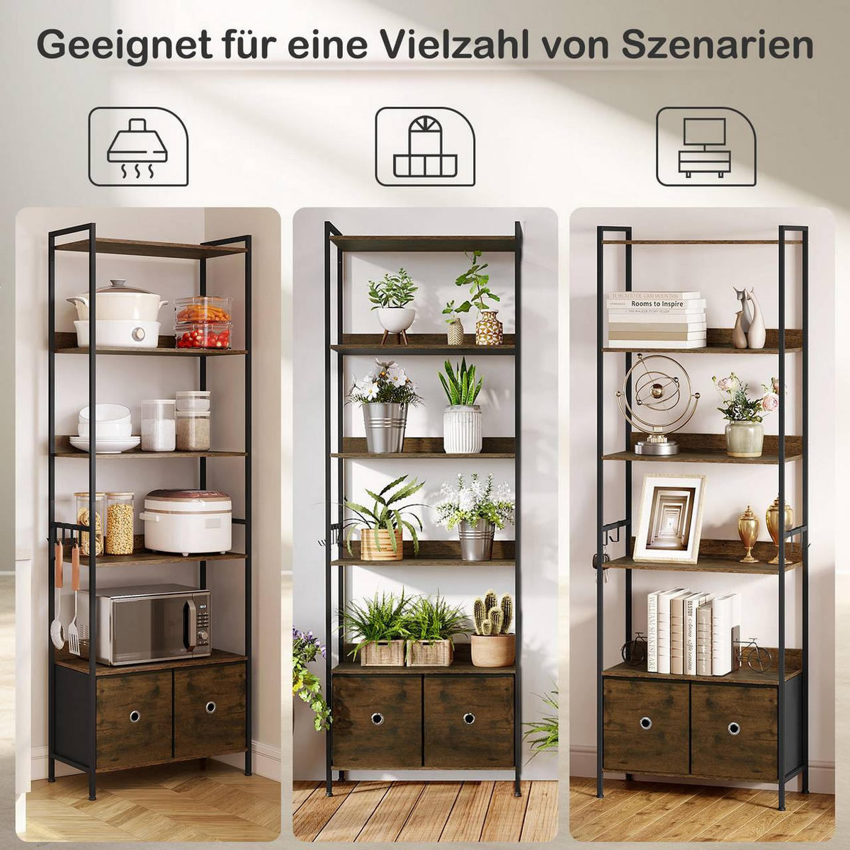 REGAL mit 5 Ablagen, 2 Schubladen, Vintagebraun - Dunkelbraun/Schwarz, Holzwerkstoff/Textil (63/187/30cm) - Woltu
