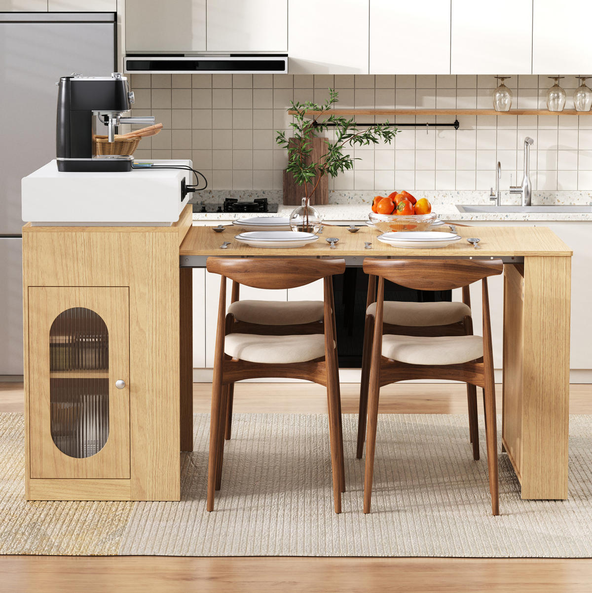 KUCHYŇSKÝ ostrůvek 83/46-146,5/96 cm přírodní z MDF a skla s výsuvnou deskou a zásuvkami - přírodní, kompozitní dřevo (83/96/46cm) - OKWISH