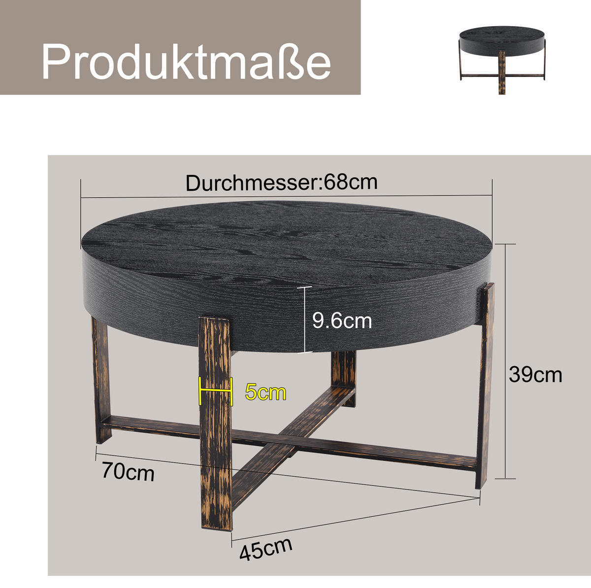 POMOĆNI stolić Ø68/39 cm crni od MDF-a i metala s križnim postoljem - crna, drvni materijal (68/68/39cm) - OKWISH