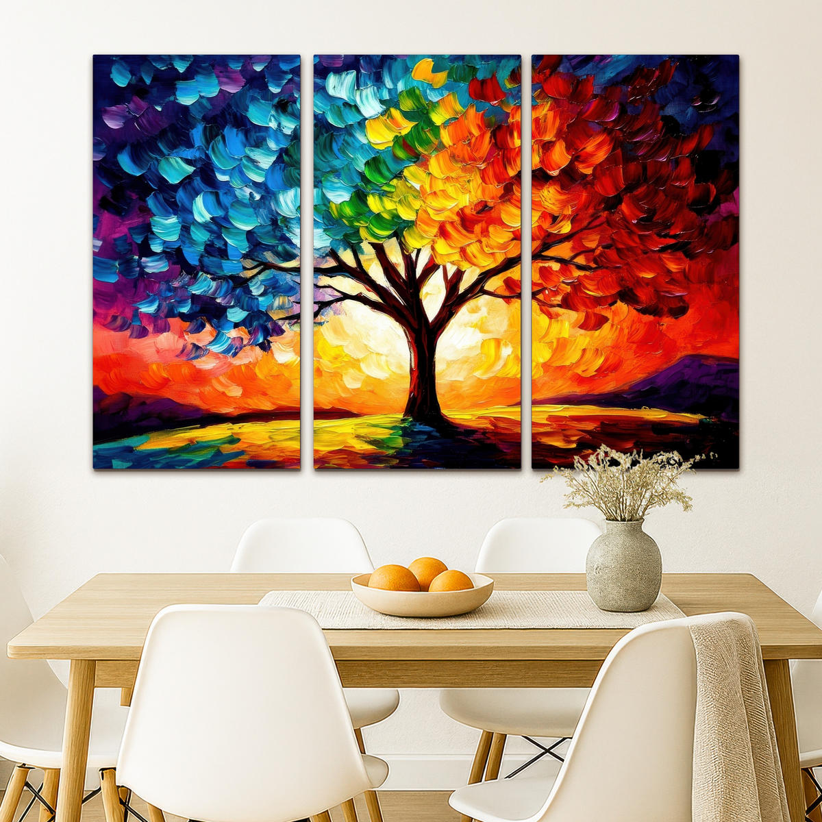 LEINWANDBILD 3er Set Baum - Farbenfroh - Malerei-Look - Abstrakt 120x80 cm - Multicolor, Textil (120/80cm) - MuchoWow