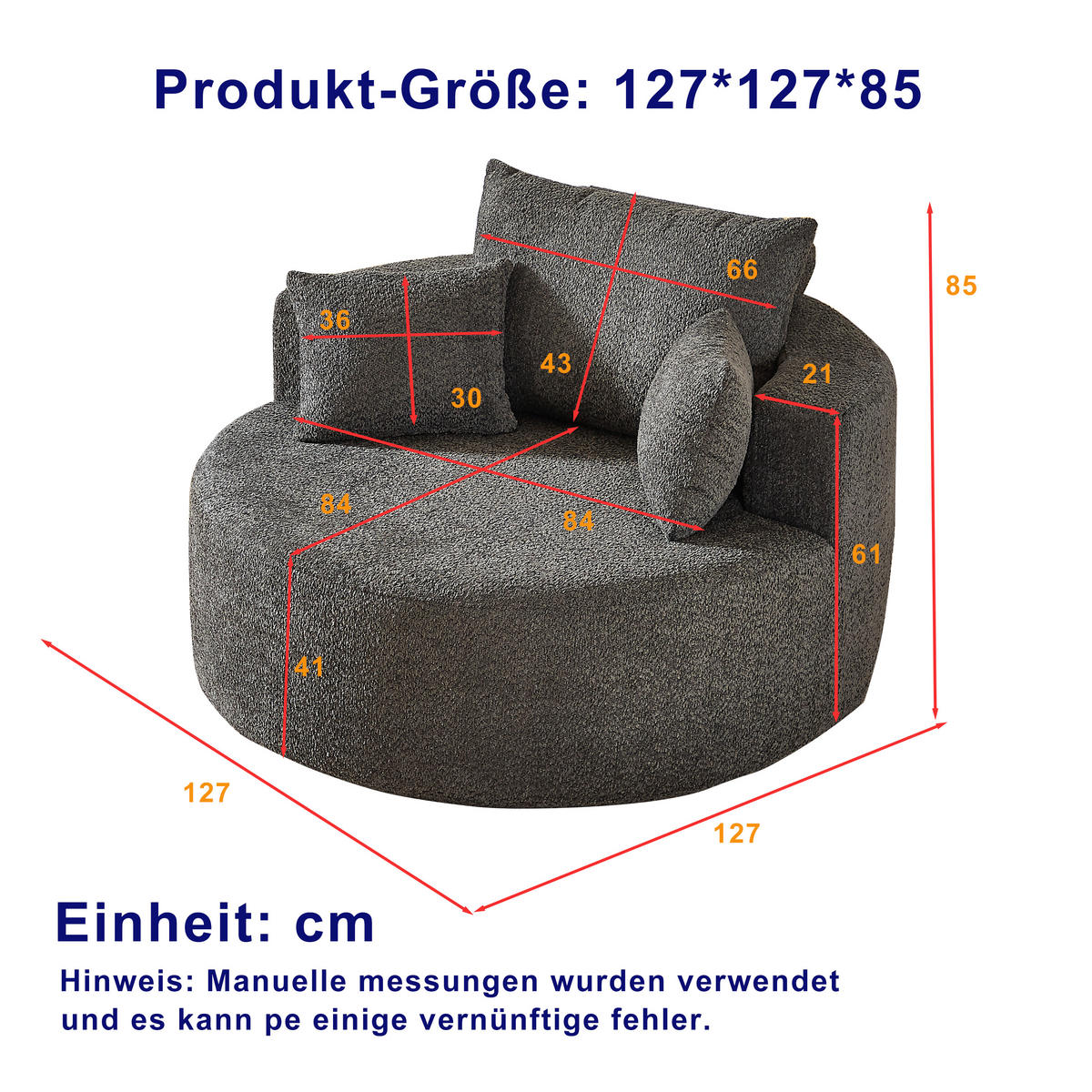 SESSEL XXL 127x127 cm Grau aus Chenille, Keine Montage - Grau, Textil (127/85/127cm) - Urban Meuble