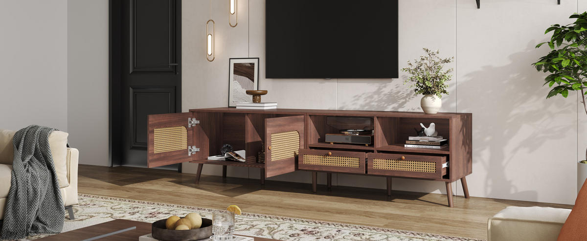 TV-LOWBOARD in Braun mit 2 Rattantüren und 2 Schubladen 200/37/49.5 cm - Braun, Holzwerkstoff (200/49.5/37cm) - Redom