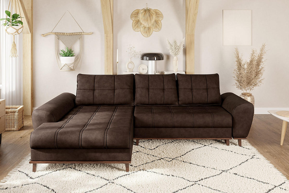 ECKSOFA im Scandi-Stil, Schlaffunktion, Bettkasten B268/T175/H86 cm, Ottomane links, Liegefl. 128x209 cm, Mikrofaserstoff in Vintage Braun / 21018 - Eichefarben/Braun, Holz/Textil (268/175cm) - luma-home