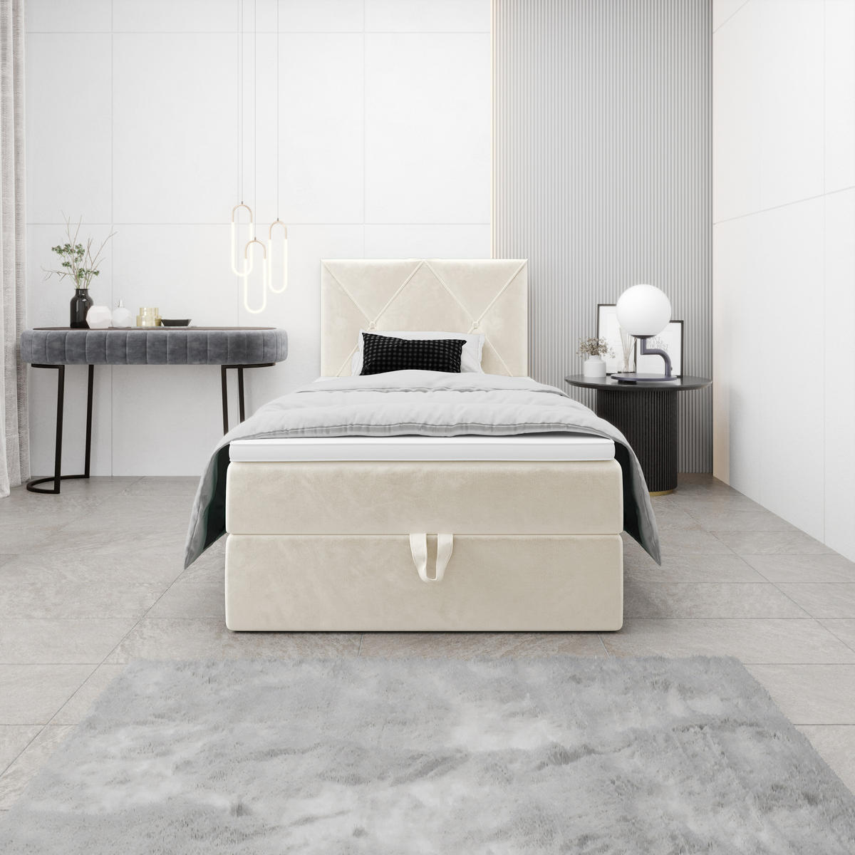 BOXBETT ALTEA 90x200 Monolith 02, mit Matratze H3, Bonell und Topper, Creme - Creme, Holz/Kunststoff (90/200cm) - Bedante