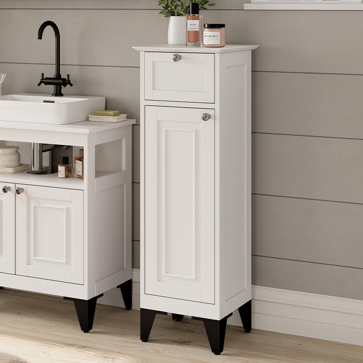 BADSCHRANK Vanity Weiß 32 x 92 cm mit Schublade - Weiß, Holzwerkstoff (32/92/30cm) - Vicco