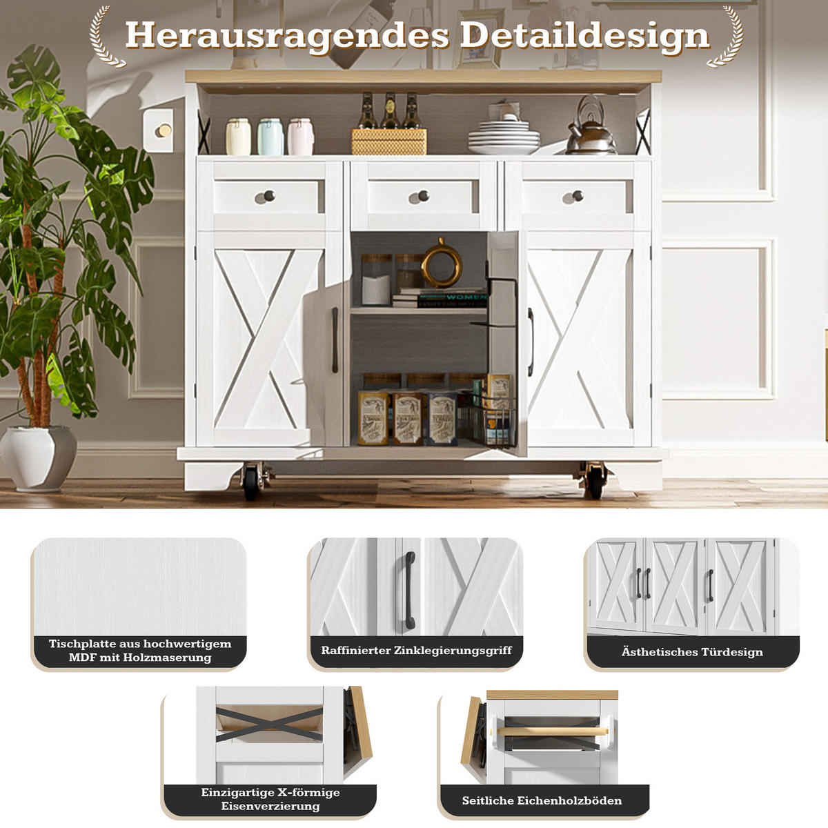 KÜCHENINSEL 118x43x98cm Weiß MDF/Metall mit 3 Schubladen & Rollen - Weiß, Holzwerkstoff (118/98/43cm) - Modfu