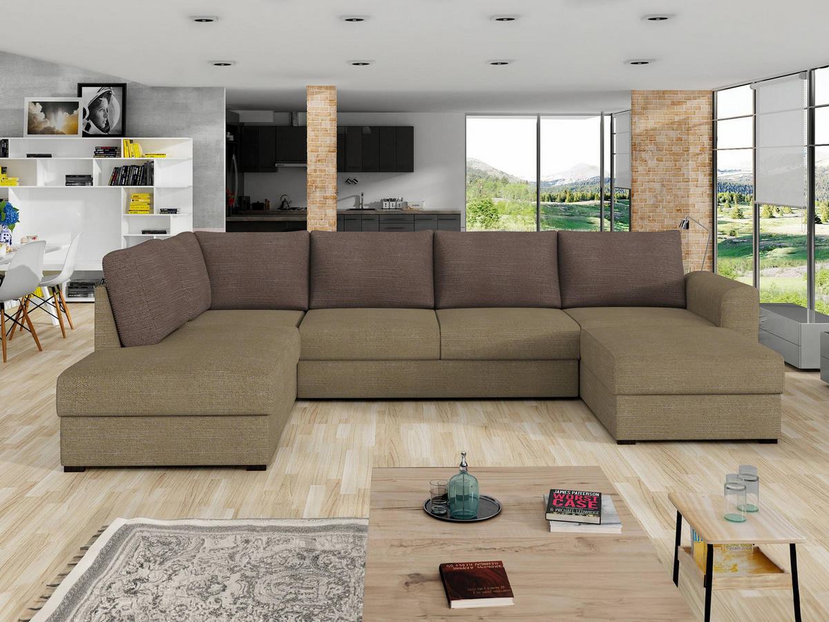 WOHNLANDSCHAFT Wilma Premium, Seite: Links - Hellbraun/Schwarz, Holz/Textil (305/85/188cm) - MIRJAN24