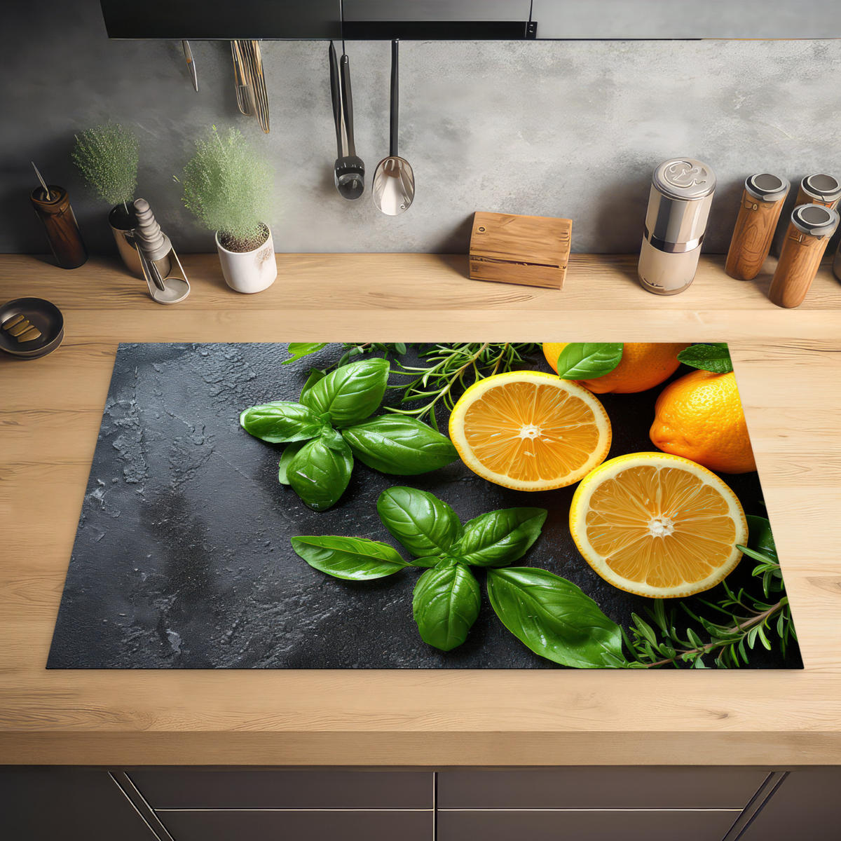 HERDABDECKPLATTE Obst - Grau - Konkret - Orange - Pflanzen Ceranfeldabdeckung 85x52 cm - Anthrazit, Kunststoff (85/52/0.2cm) - MuchoWow