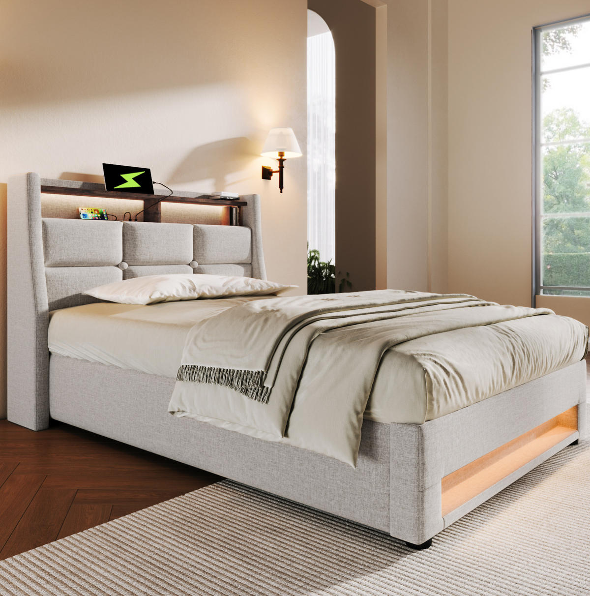 POLSTERBETT aus Leinenmaterial 90x200 cm Hellbeige mit LED-Beleuchtung, 2 USB-Anschlüssen und Stauraum - Beige, Textil (90/200cm) - IVMEU