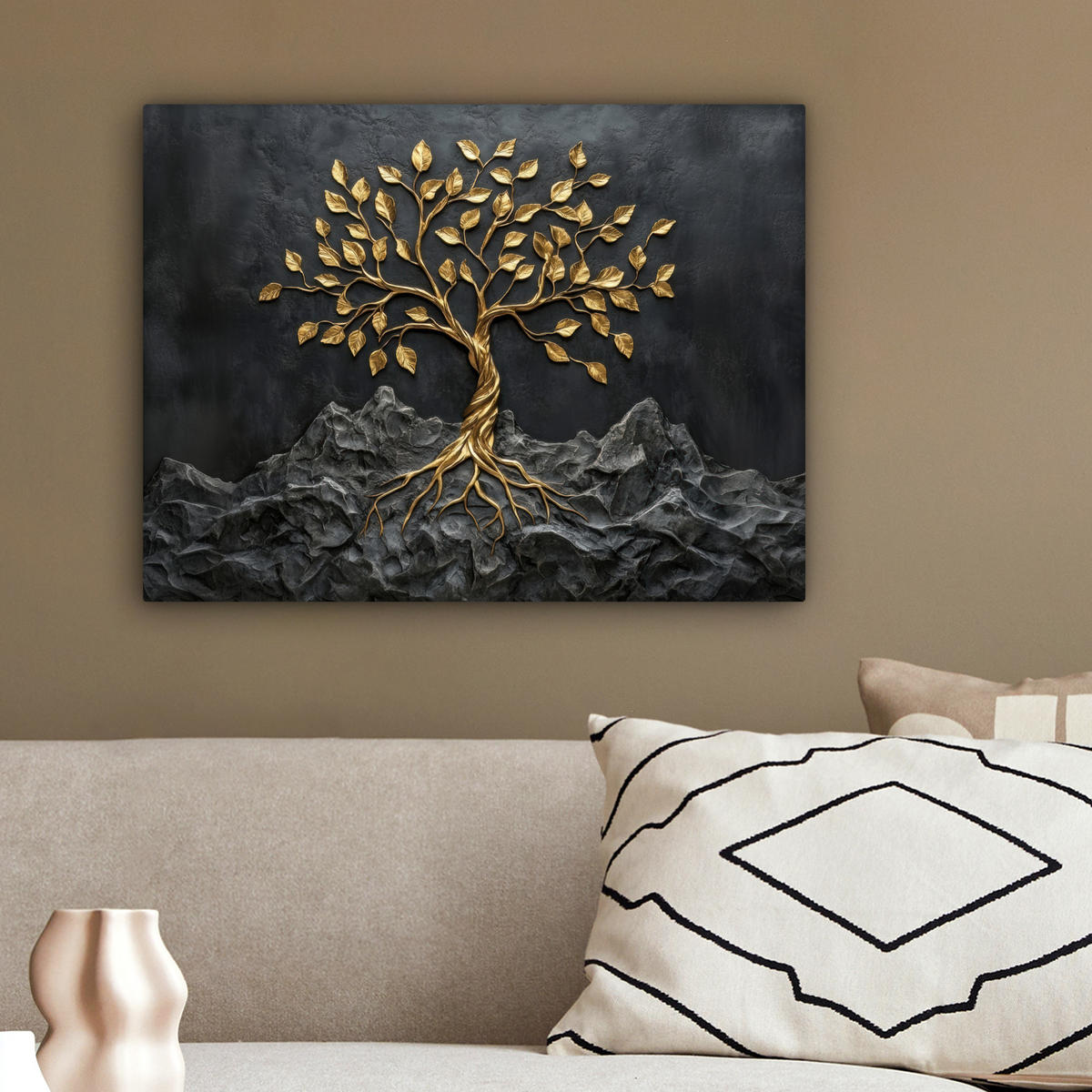 LEINWANDBILD Blätter - Gold - Baum - Fels Wandbild 40x30 cm - Schwarz, Textil (40/30cm) - MuchoWow
