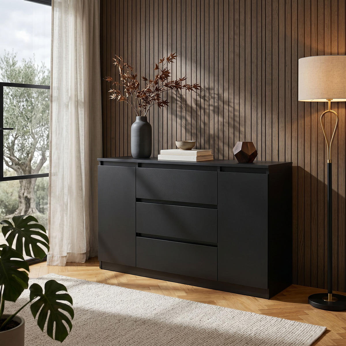 KOMMODE NUDO 138,5/78,2/39cm mit 3 Schubladen 2 Türen Schwarz - Schwarz, Holzwerkstoff (138.5/78.2/39cm) - MASSENO