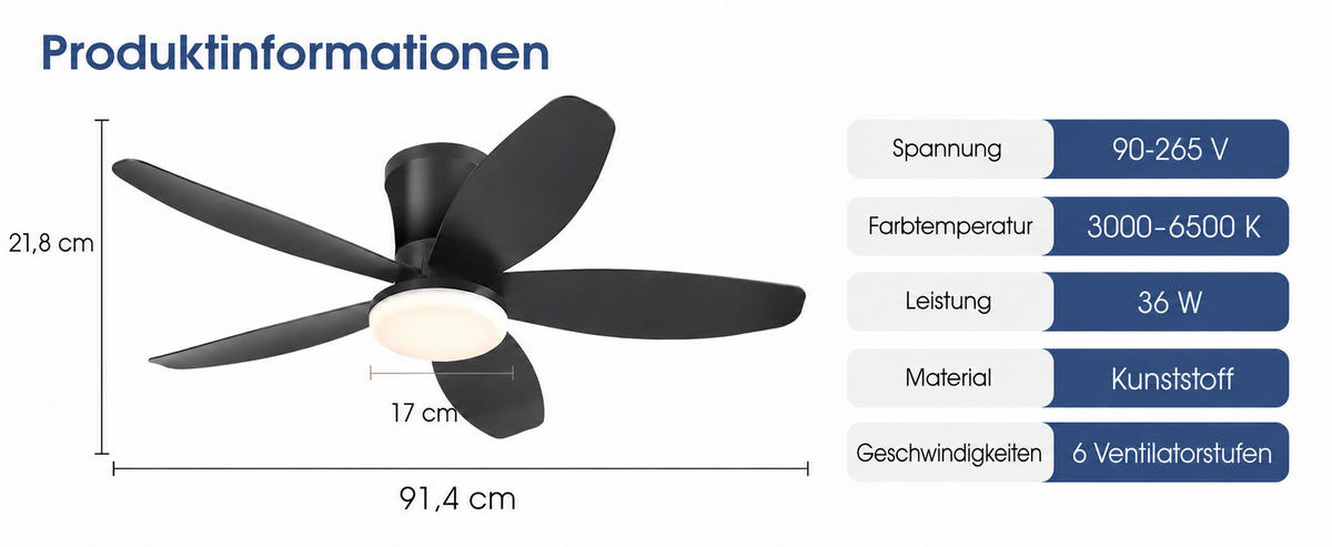 DECKENVENTILATOR Schwarz 91,4 cm mit LED und leisem DC-Motor - Schwarz, Kunststoff (91.4/91.4/21.8cm) - Surtime