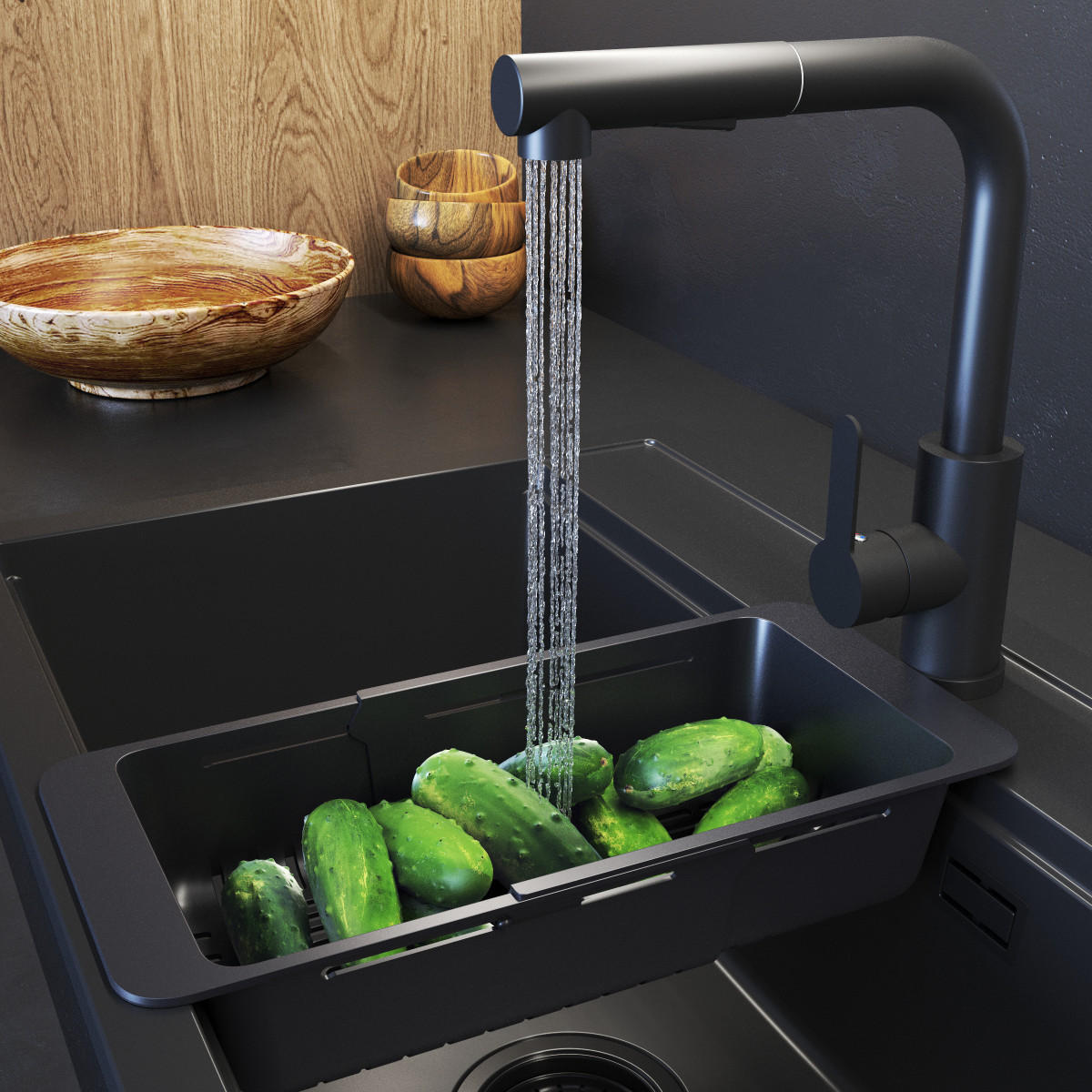 SPÜLBECKEN MILANO mit Batterie Siphon - Schwarz, Kunststoff/Stein (46/16/57cm) - Granitan