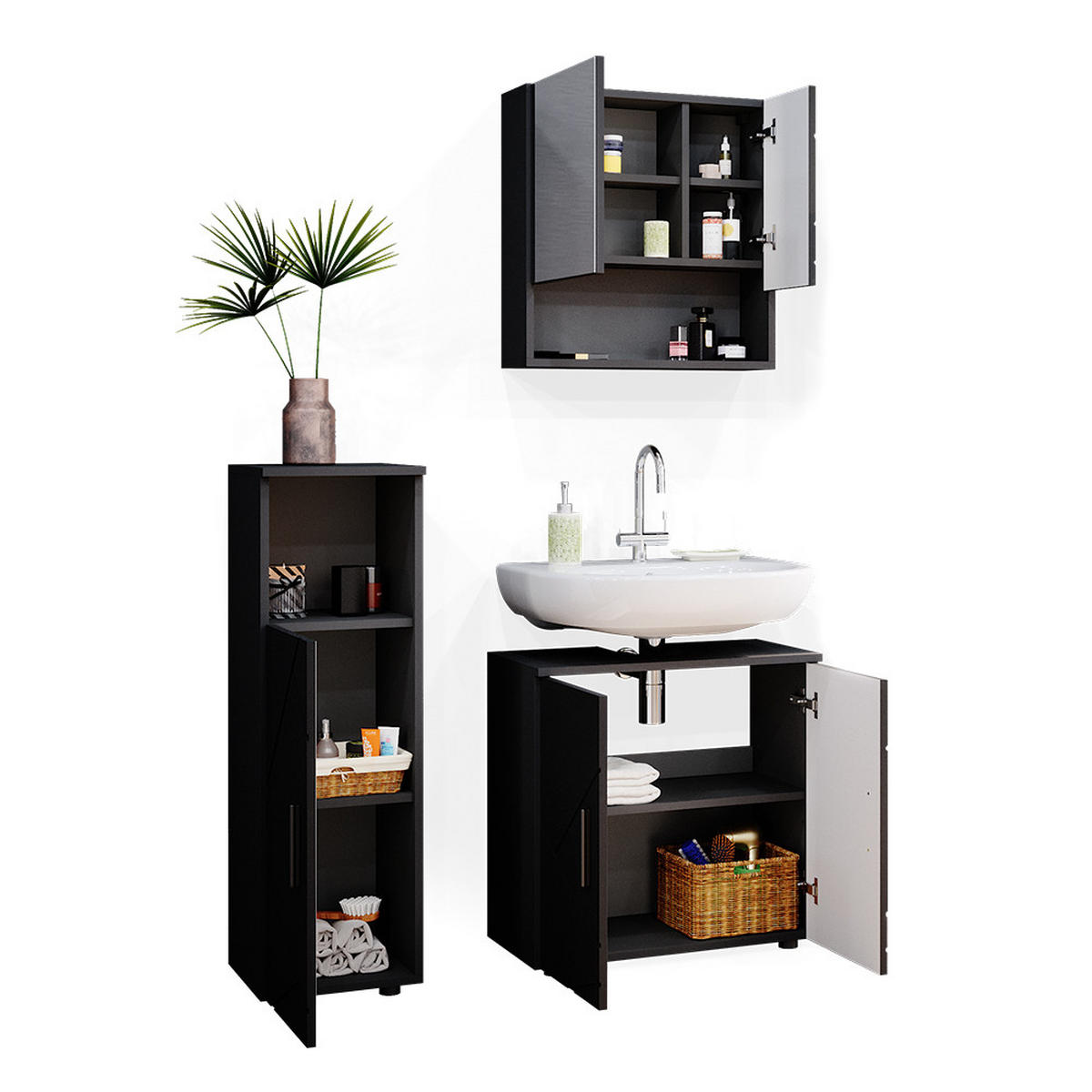 BADMÖBEL-SET Irma Anthrazit Hochglanz 3 Teile - Schwarz Hochglanz/Anthrazit, Holzwerkstoff (80/58.6/41cm) - Vicco