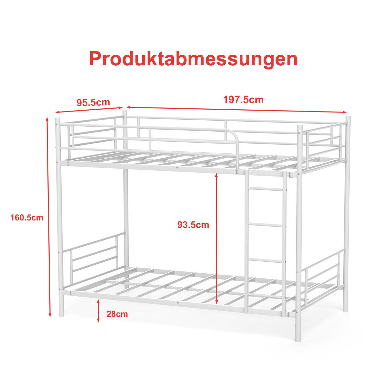 ETAGENBETT 90/190 cm mit Metalltreppe und Geländer, DE-41905, in Weiß - Weiß, Metall (90/190cm) - ComfortXL