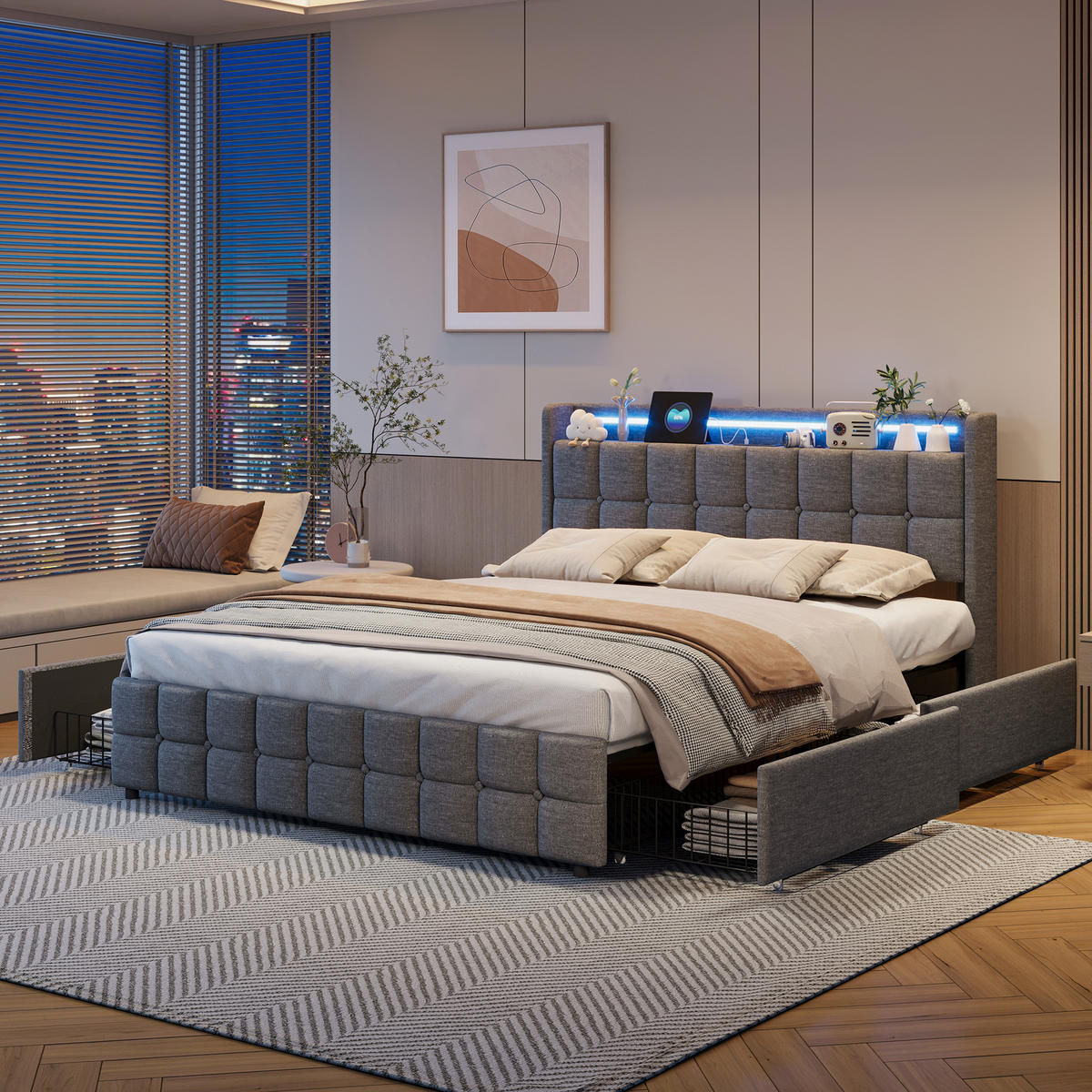 POLSTERBETT 160/200 cm mit Ladestation und 4 Schubladen, Doppelbett Grau,ohne Matratze - Naturfarben/Grau, Holz/Textil (160/200cm) - PARAFTA HOME