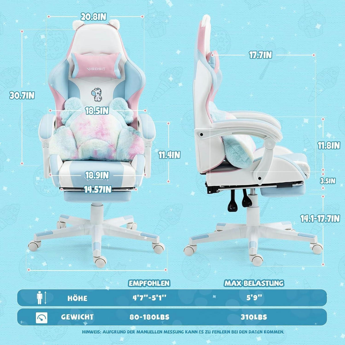 GAMING Stuhl mit Ohren und Kawaii Kissen, ergonomisch, mit Lendenwirbelstütze und Fußstütze, blau-pink - Blau, Textil (59/77/25cm)