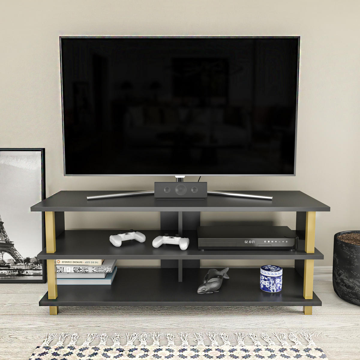 TV Board Pueblo Gold-Anthrazit - Anthrazit/Goldfarben, Holzwerkstoff (120/47/45cm) - Decorotika