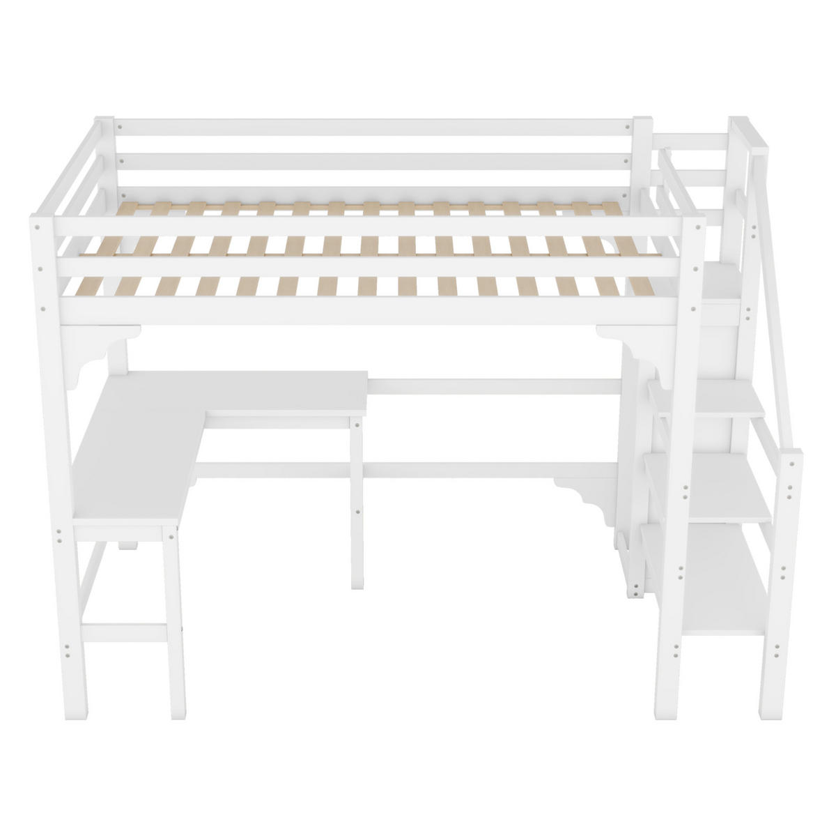 HOCHBETT mit Schreibtisch 140/200 cm in Weiß – mit Stauraumtreppe - Weiß, Holz (140/200cm) - BEAOK