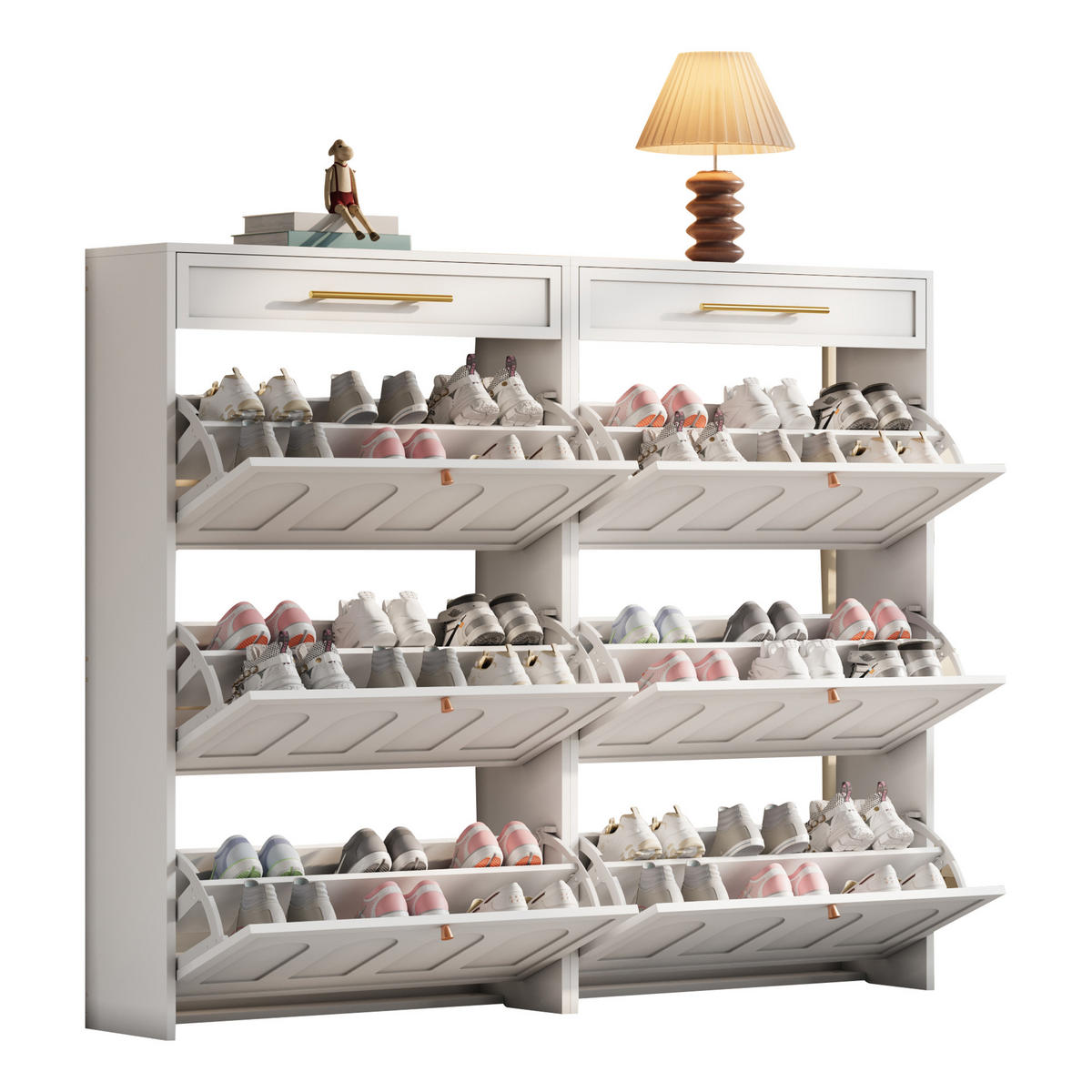 SCHUHSCHRANK aus MDF 140x25x123,5cm in Weiß mit 12 Fächern & 2 Schubladen - Weiß, Holzwerkstoff (140/123.5/25cm) - Modfu