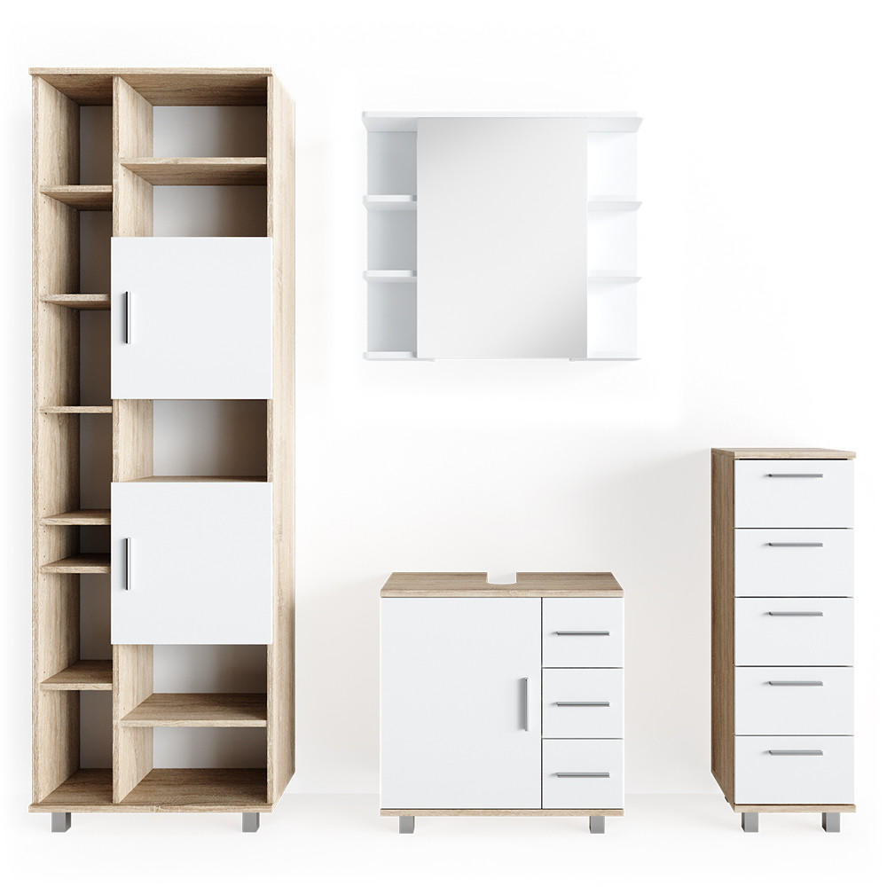 BADMÖBEL-SET Ilias Sonoma 4 Teile - Weiß/Sonoma Eiche, Holzwerkstoff (60/60/33cm) - Vicco