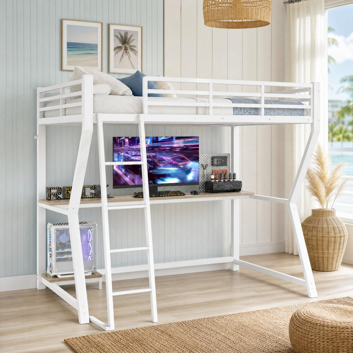 HOCHBETT 90/200 mit LED, Schreibtisch, Steckdose und USB in Weiß - Weiß, Holz/Holzwerkstoff (90/200cm) - EVRYAE