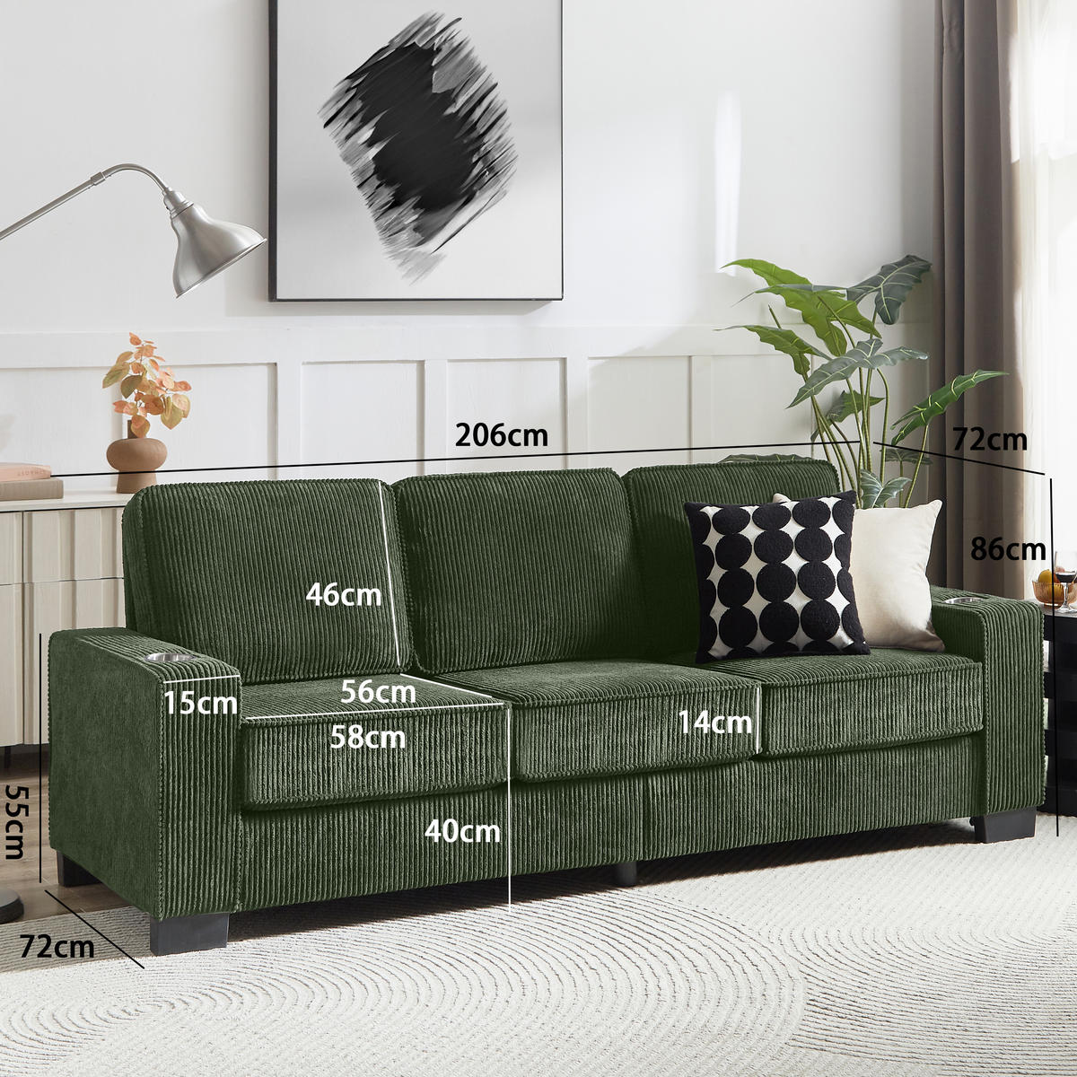 3-SITZER-SOFA DE-35029 mit Getränkehaltern Olivgrün - Grün, Textil (72/86/206cm) - ComfortXL