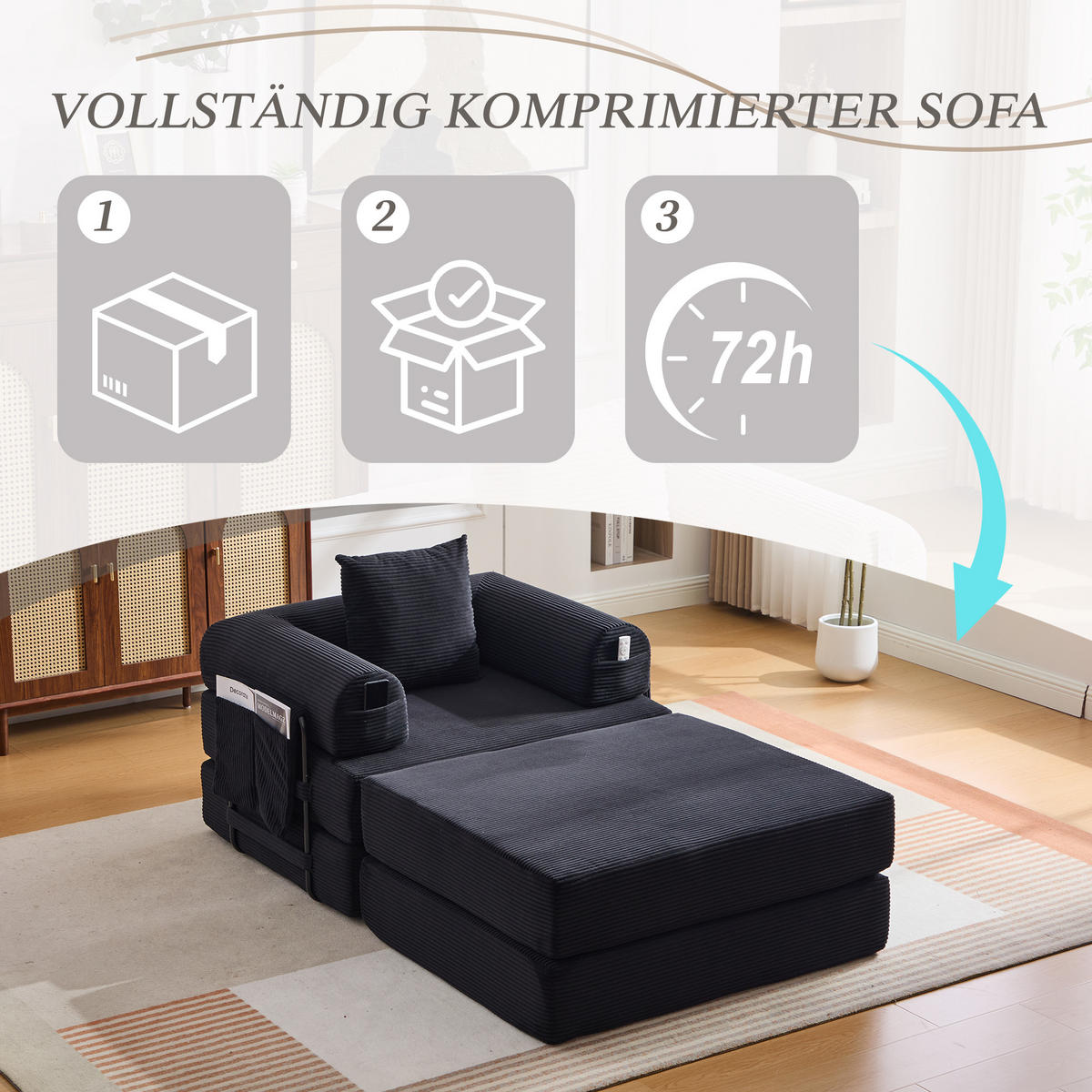 SOFA Cord Schwarz mit Kissen und Hocker - Schwarz, Textil/Metall (112/67/190cm) - WISHDOR