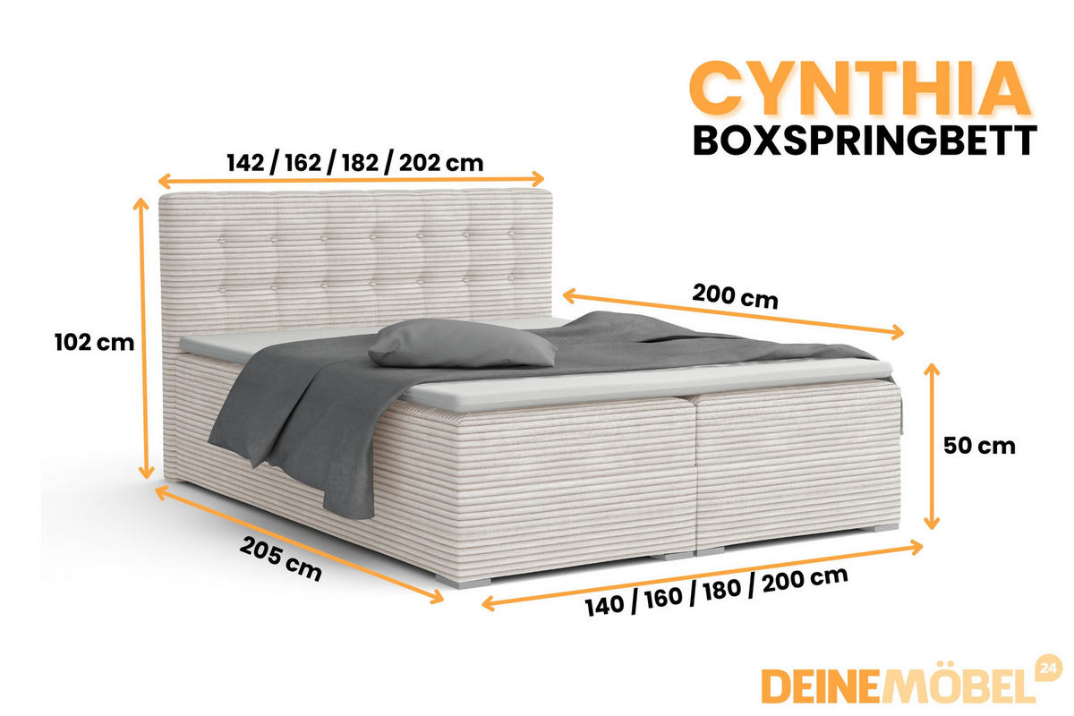 BOXBETT CYNTHIA 160/200 in Cord Ecru H3 - Ecru, Holz/Holzwerkstoff (160/200cm) - Deine Möbel 24