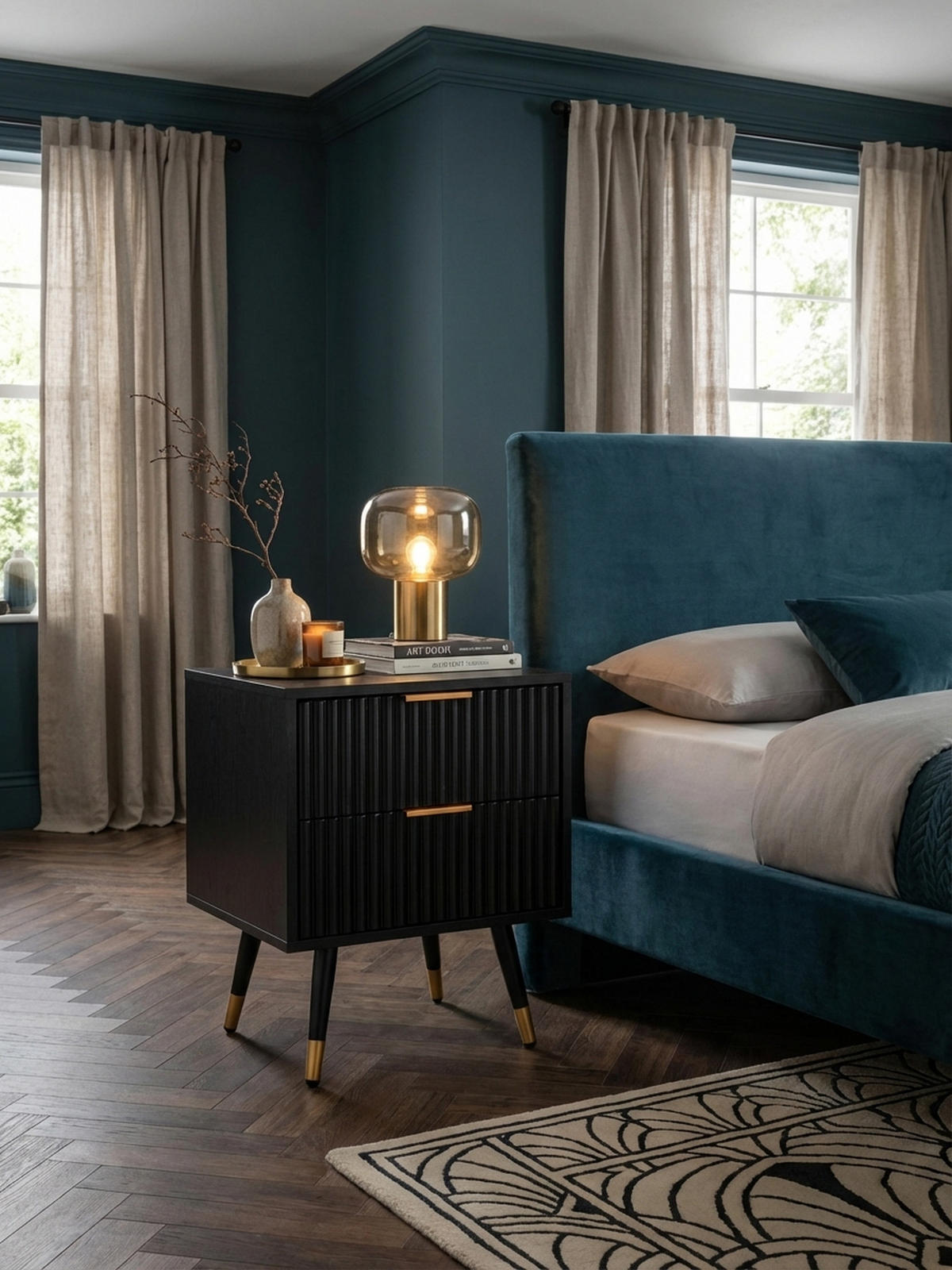 NACHTTISCH – Schwarz/Eiche-Dekor, 43,5x39x56 cm, mit Schubladen, modern - Goldfarben/Schwarz, Holzwerkstoff/Metall (44/56/39cm) - KADIMA DESIGN