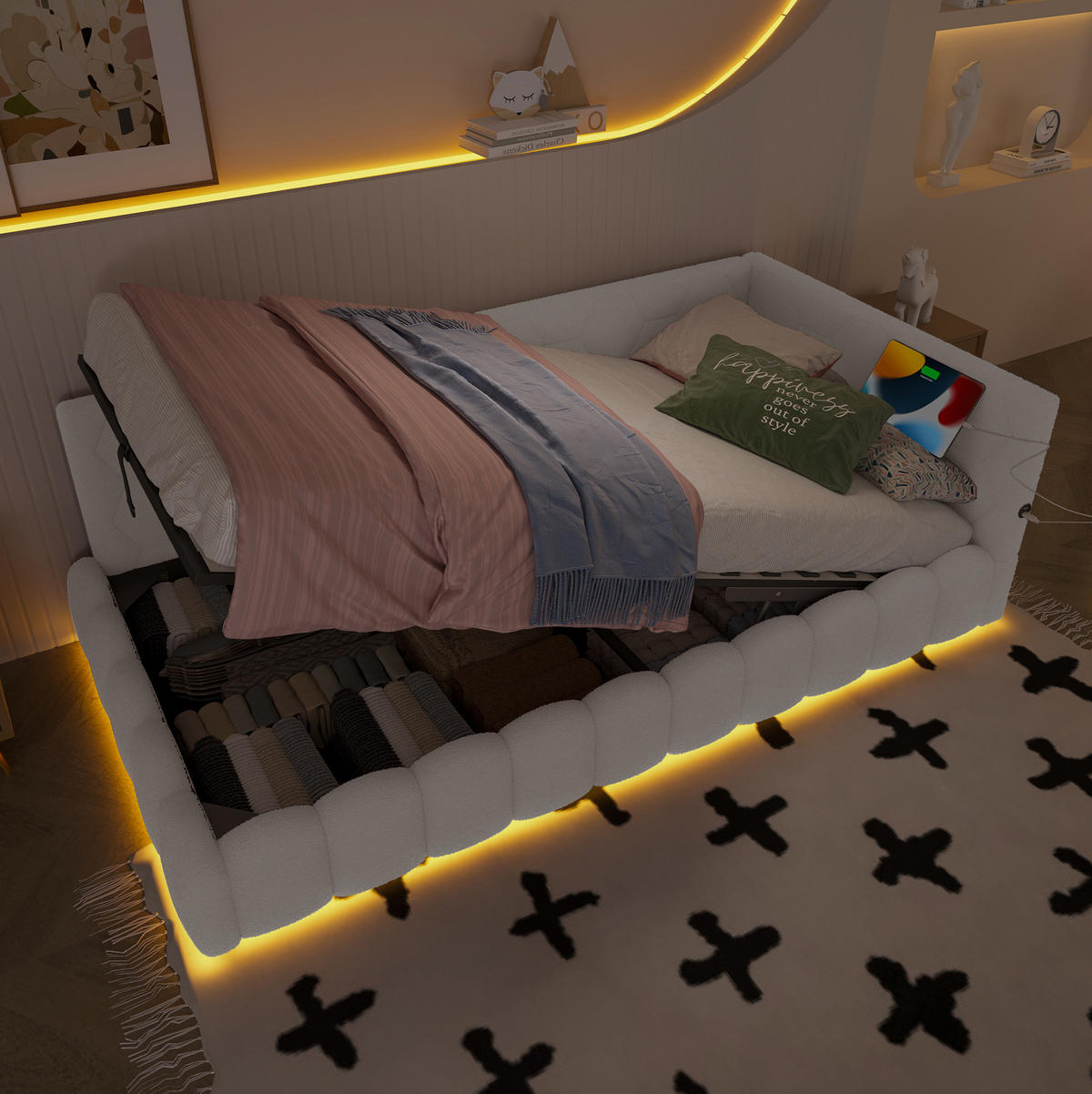 POLSTERBETT 90/200 cm Weiß mit Bettkasten, LED-Beleuchtung und USB - Weiß, Textil (90/200cm) - Flora Grace
