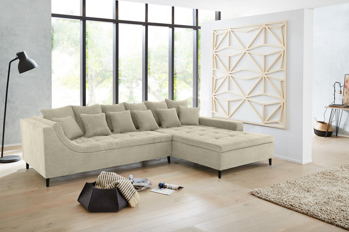 ECKSOFA mit dekorativen Steppungen und Rutschenlehne, seitenverkehrt montierbar B326/T213/H91 cm, Cord Beige Grau / 15223 - Greige/Beige, Textil/Metall (326/213cm) - luma-home