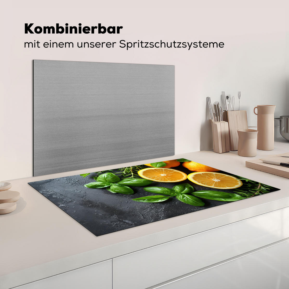 HERDABDECKPLATTE Obst - Grau - Konkret - Orange - Pflanzen Ceranfeldabdeckung 85x52 cm - Anthrazit, Kunststoff (85/52/0.2cm) - MuchoWow