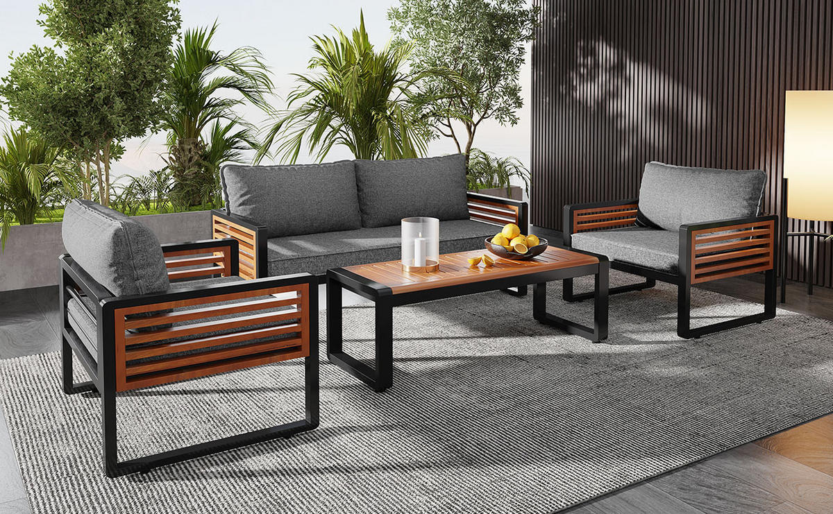 GARTENMÖBEL-SET 115/60/64 cm 4-teilig antikgrau aus Eisen und Akazienholz mit Kissen - Grau, Metall - OKWISH