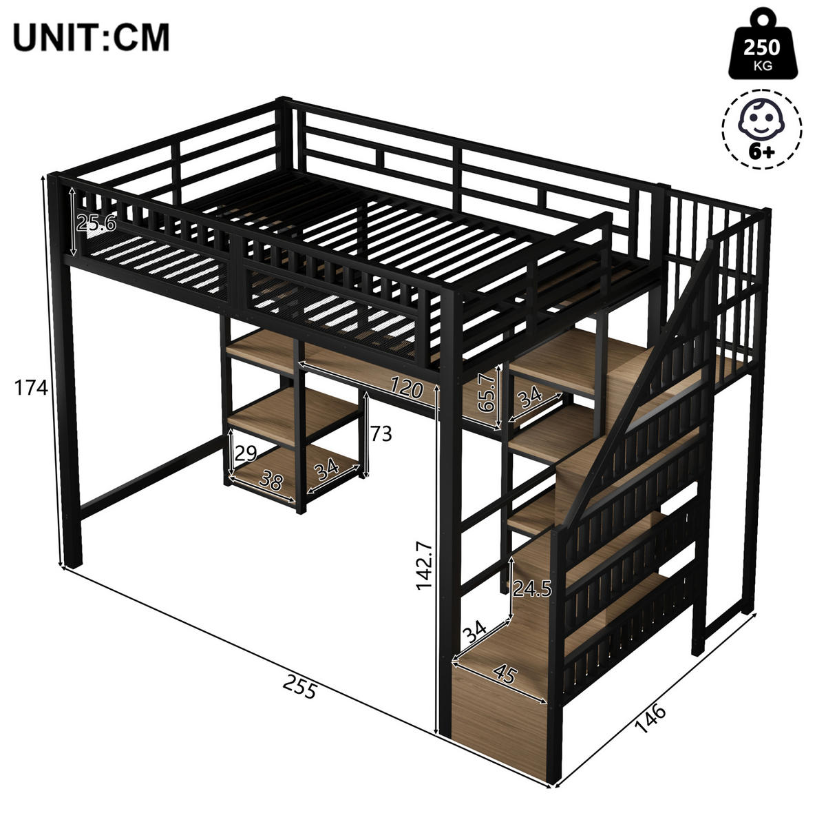 HOCHBETT 140/200 cm, Schwarz mit Schreibtisch, LED-Lichtleiste, ohne Matratze - Schwarz, Metall (140/200cm) - MIVRAY