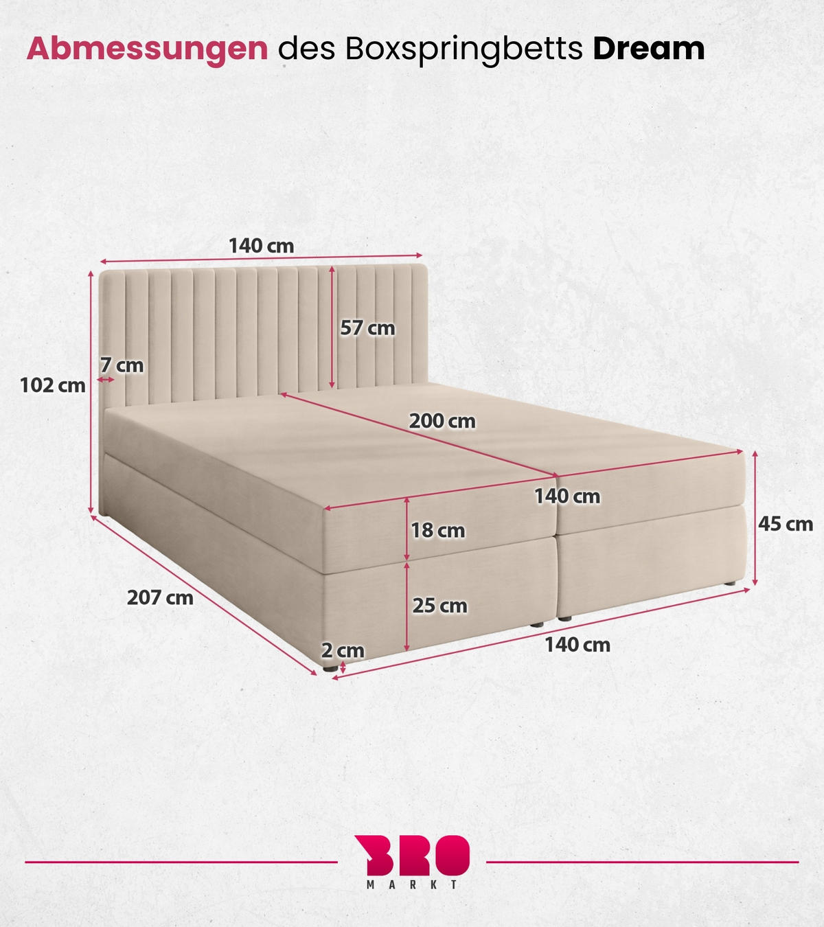BOXBETT Dream mit Topper 140/200 Ecru - Ecru, Holzwerkstoff/Textil (140/200cm) - Bromarkt