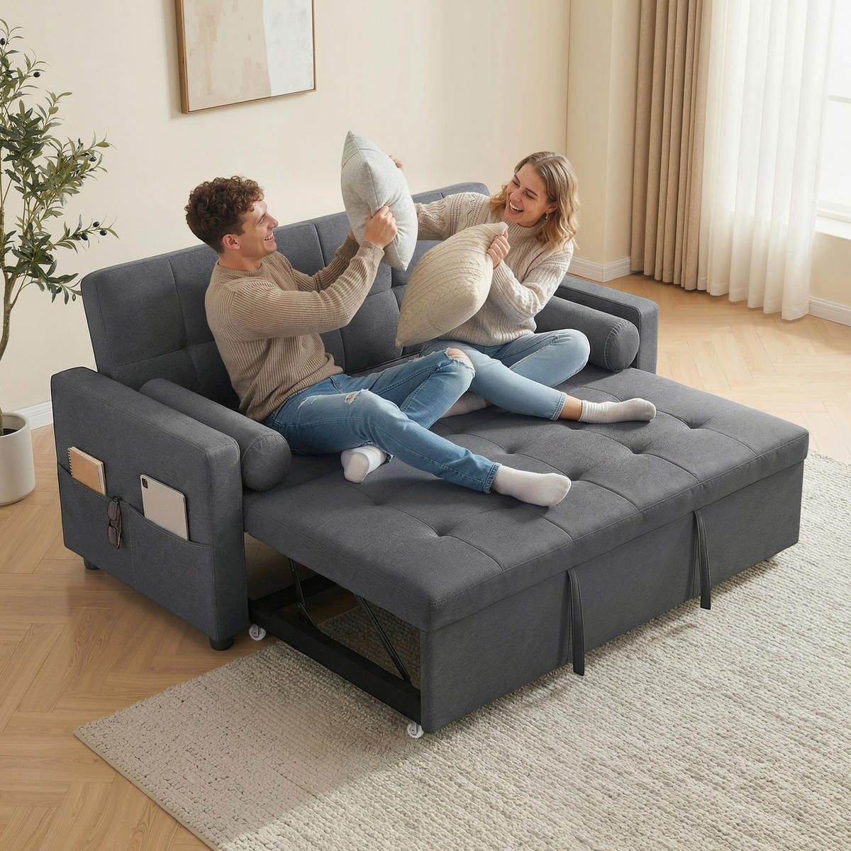 SCHLAFSOFA 2-Sitzer DE-14679 3-in-1 & 7-fach verstellbar Dunkelgrau - Dunkelgrau, Metall (137.5/84/80.5cm) - ComfortXL