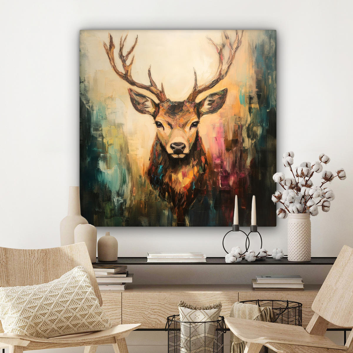 LEINWANDBILD Hirsch - Gemalt - Geweih - Braun 90x90 cm - Haselnussfarben, Textil (90/90cm) - MuchoWow