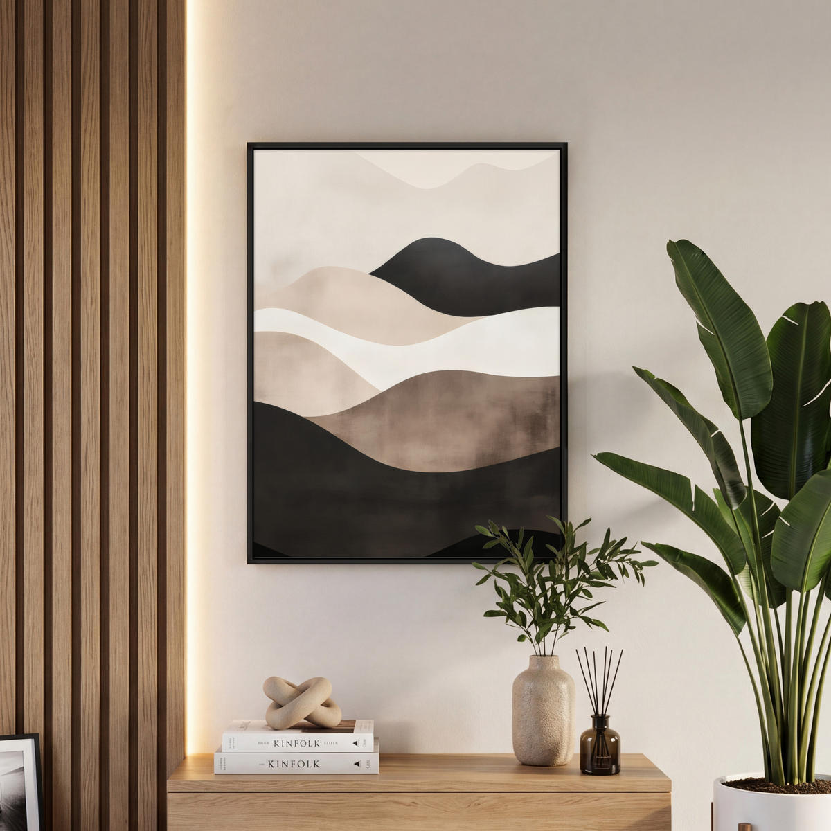 LEINWAND Bilder mit Rahmen - Abstrakt - Landschaft - Wellen - Cremefarben - 60x80 - Cappuccino, Textil (60/80cm) - MuchoWow