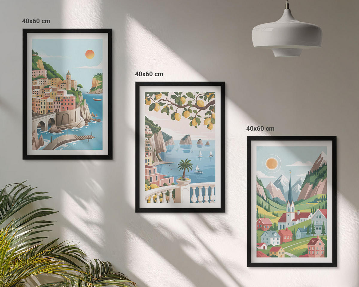 BILDER SET 3er Set - 40x60 cm Schwarzer Rahmen - Landschaften, Meer, Zitrusfrüchte - Schwarz, Kunststoff (40/60cm) - TULUP
