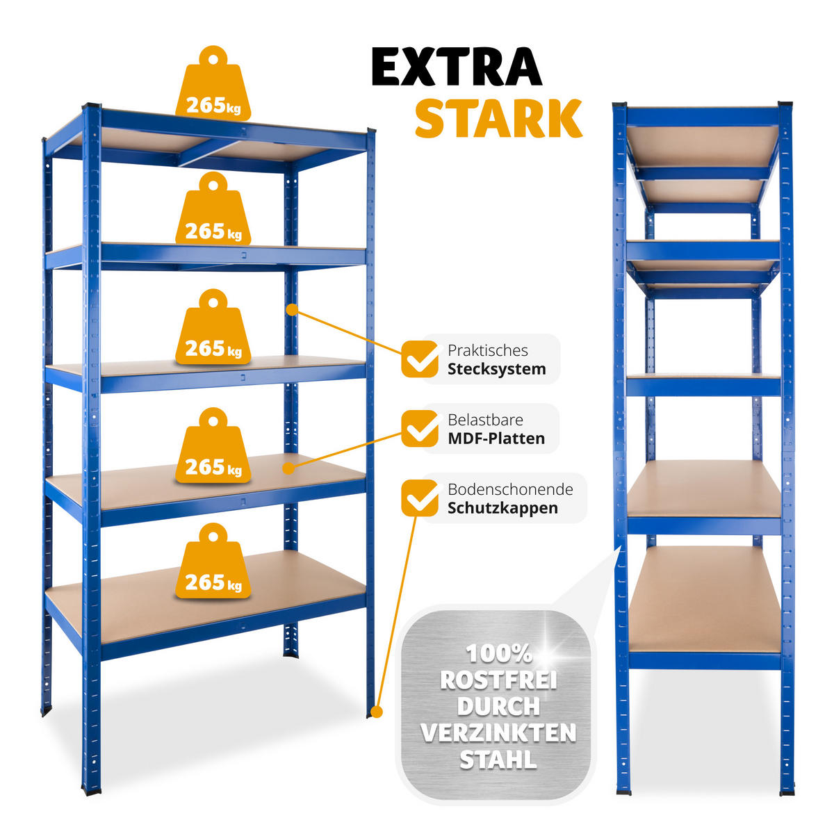 SCHWERLASTREGAL , 90,5 x 45,5 x 180,5 cm, blau - Blau, Metall (45.5/180.5/90.5cm) - tectake