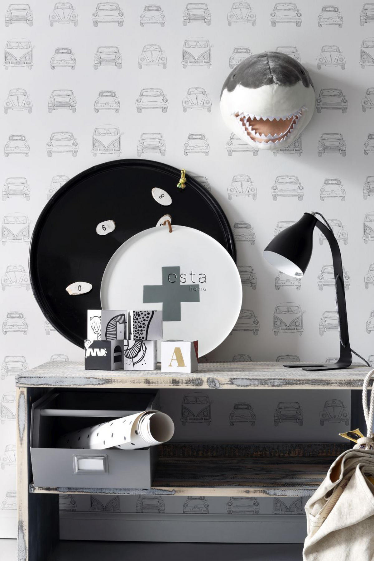 TAPETE gezeichnete Oldtimer im Vintage-Look 53 cm x 10.05 m - Schwarz, Papier (53/0.1cm) - ESTAhome