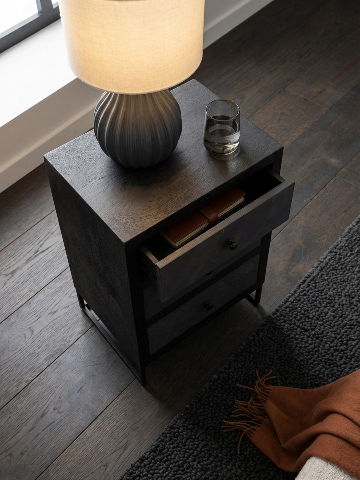 NACHTTISCH Massivholz Steinoptik 3 Schubladen Metallgestell, Schwarz 40x30x60 cm - Schwarz, Holz/Metall (40/60/30cm) - KADIMA DESIGN