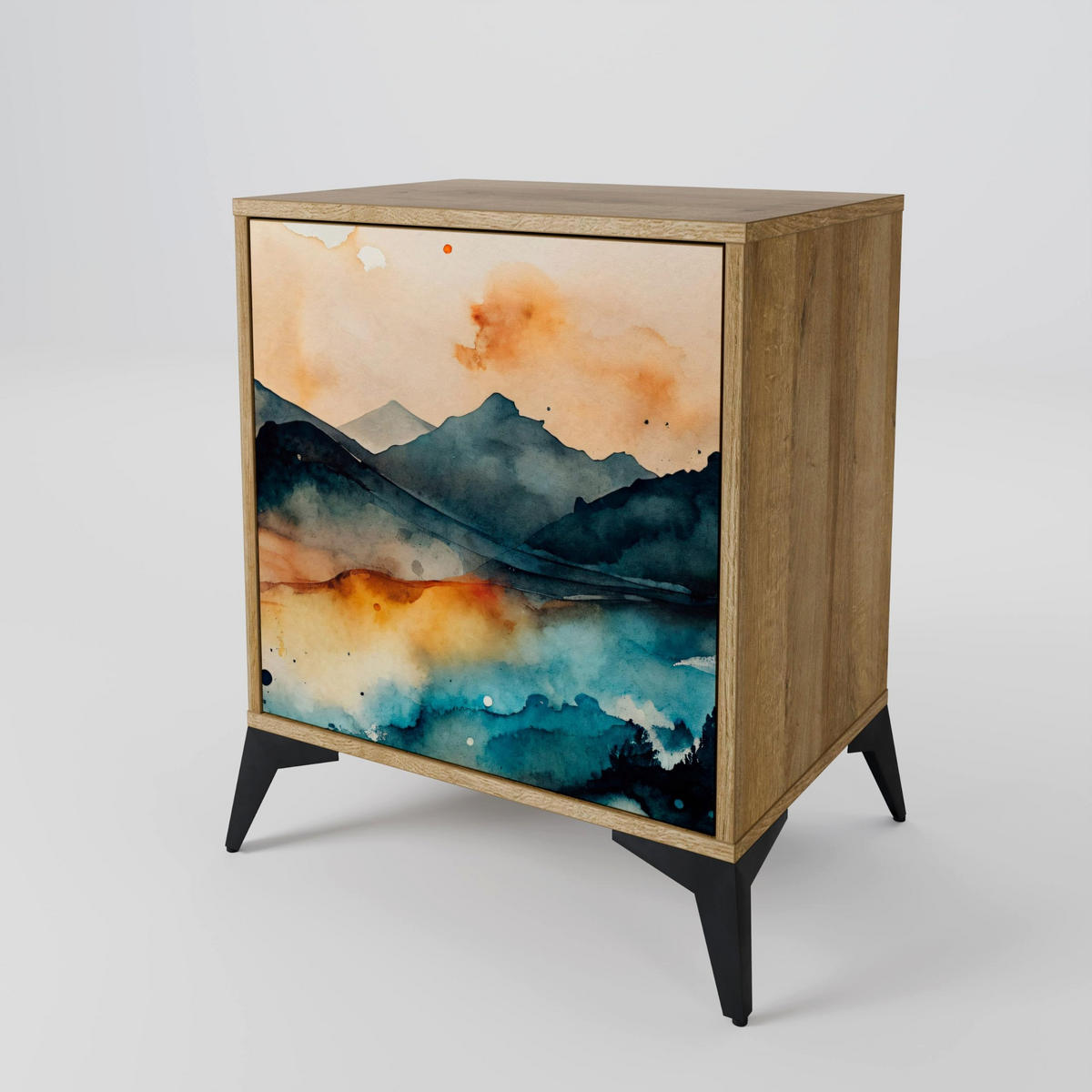 SIDEBOARD OMINOUS MOUNTAINS, Eichefarben, 57,5x42x72,5 cm, Schwarze Metallfüße - Eichefarben/Multicolor, Holzwerkstoff/Metall (57.5/72.5/42cm) - SpaceRebels