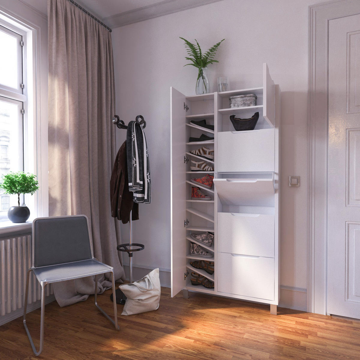 SCHUHSCHRANK mit Spiegeltür - Weiß - Weiß, Holzwerkstoff (85/185/17cm) - home24