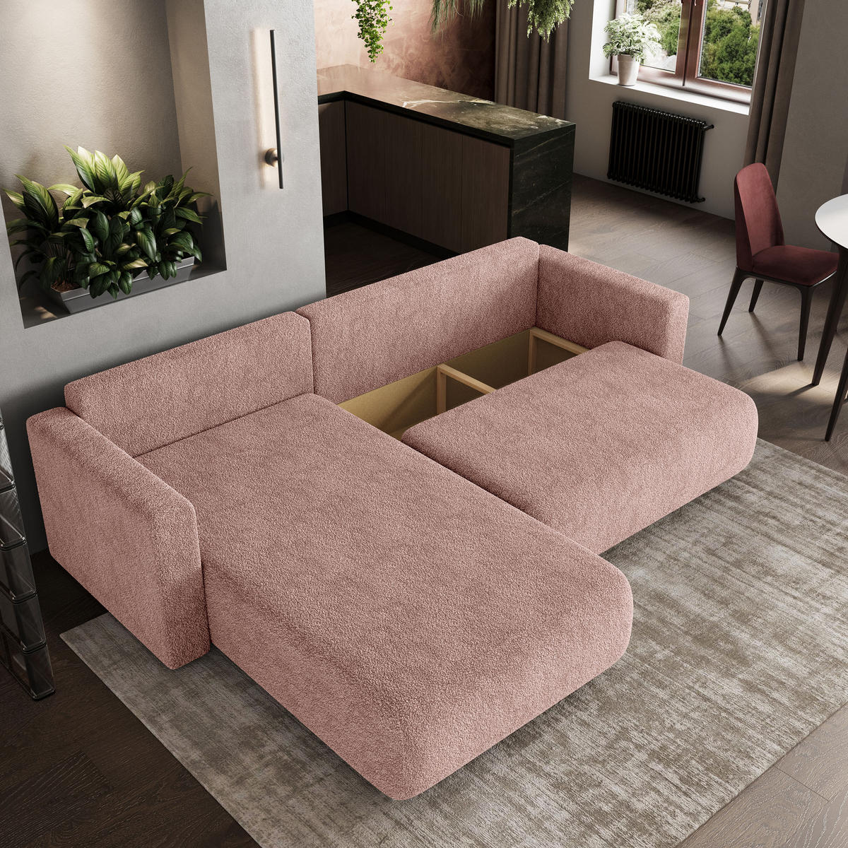 ECKSOFA TURIN N Rosa Bucle-Stoff mit Schlaffunktion - Rosa/Grau, Holz/Kunststoff (265/183cm) - MASSENO