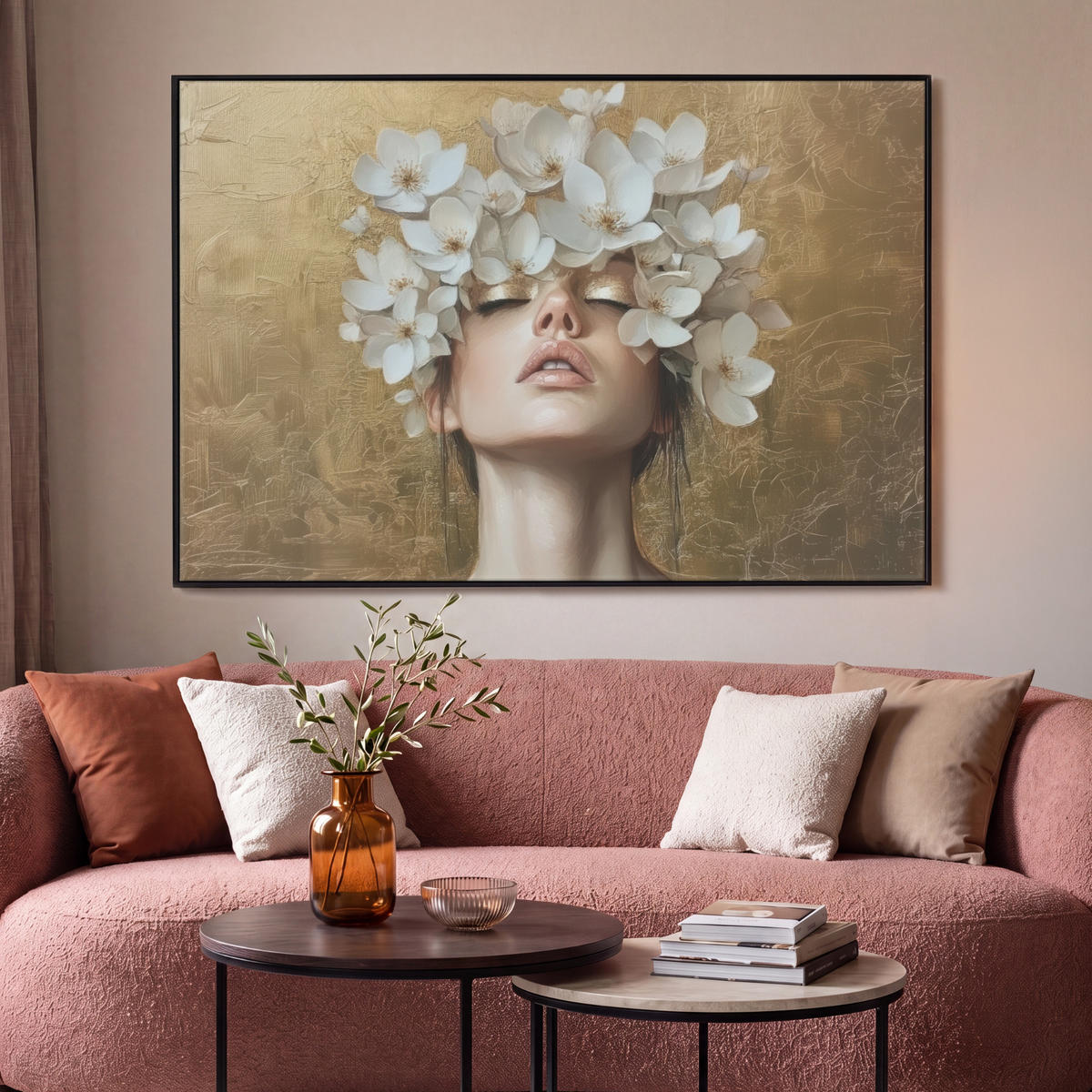LEINWAND Bilder mit Rahmen - Gesicht - Blumen - Gold - Abstrakt - 120x80 - Goldfarben, Textil (120/80cm) - MuchoWow