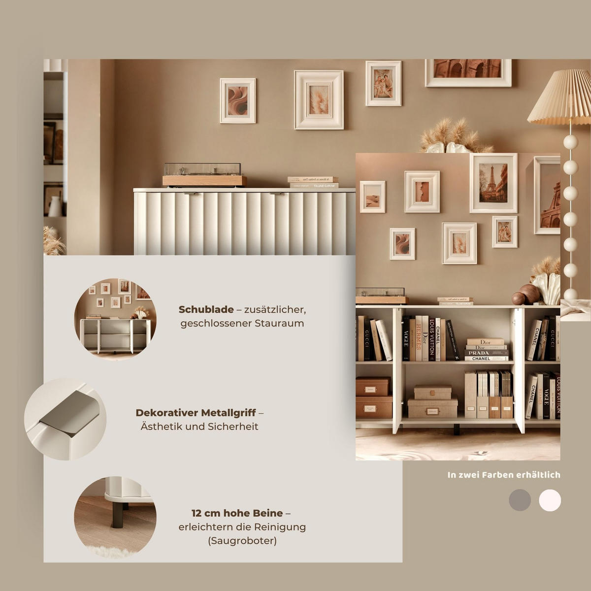 KOMMODE VITA 177 cm, Lehmgrau - Schwarz/Grau, Holzwerkstoff/Metall (176.5/91/40.5cm) - Idohome